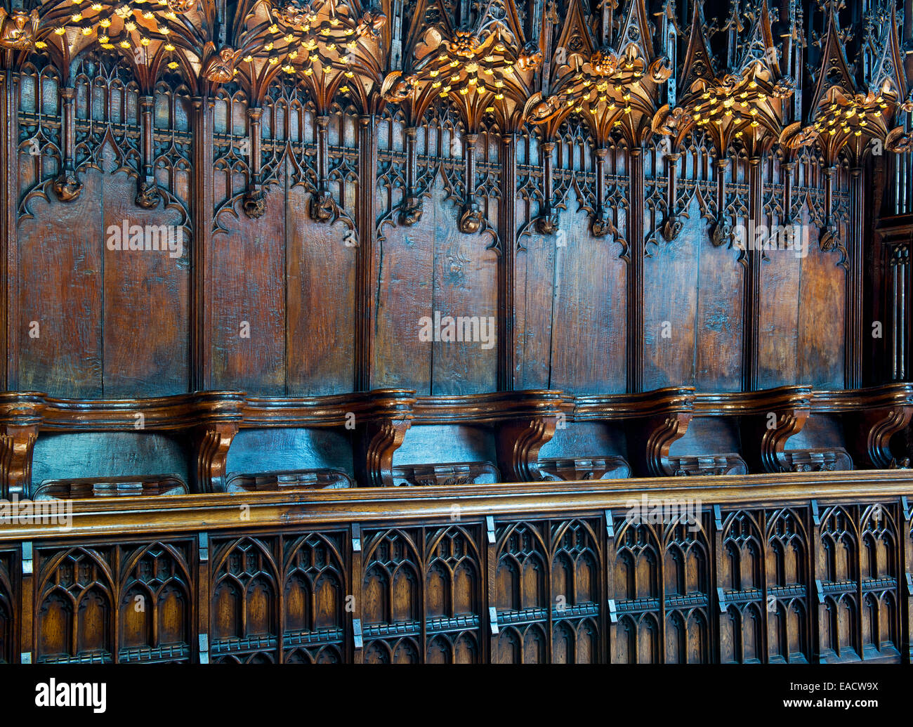 Chorgestühl in St. Marys Kirche, Nantwich, Cheshire, England UK Stockfoto