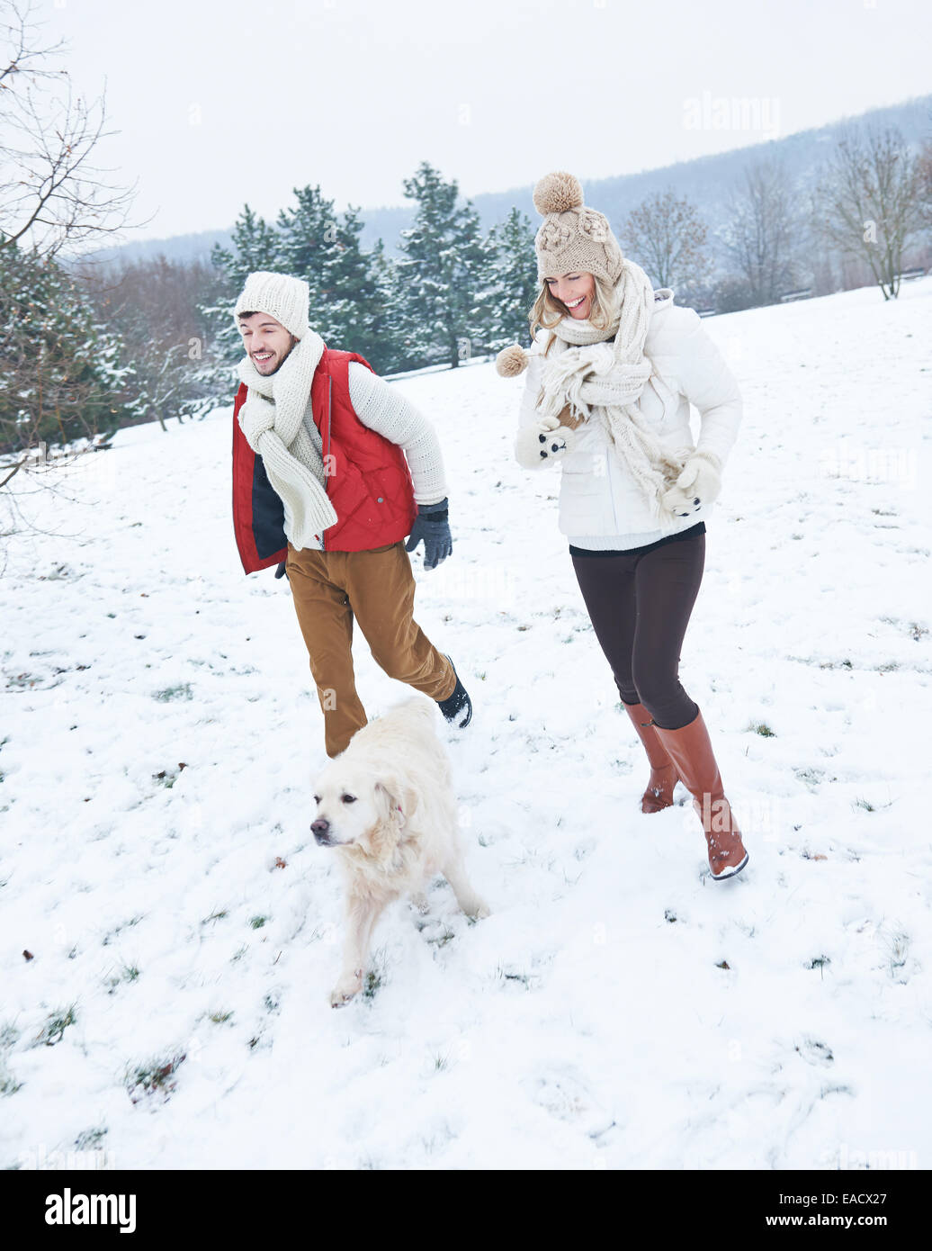 Paar mit Hund auf einem Spaziergang durch Schnee im winter Stockfoto