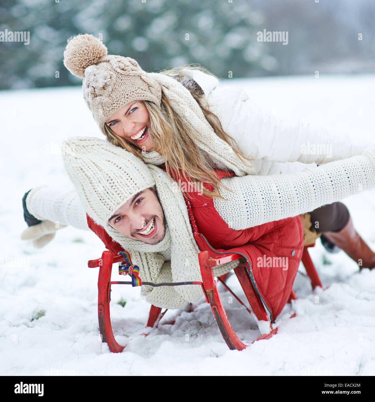 Paare, die Spaß beim Rodeln auf Schlitten im winter Stockfoto