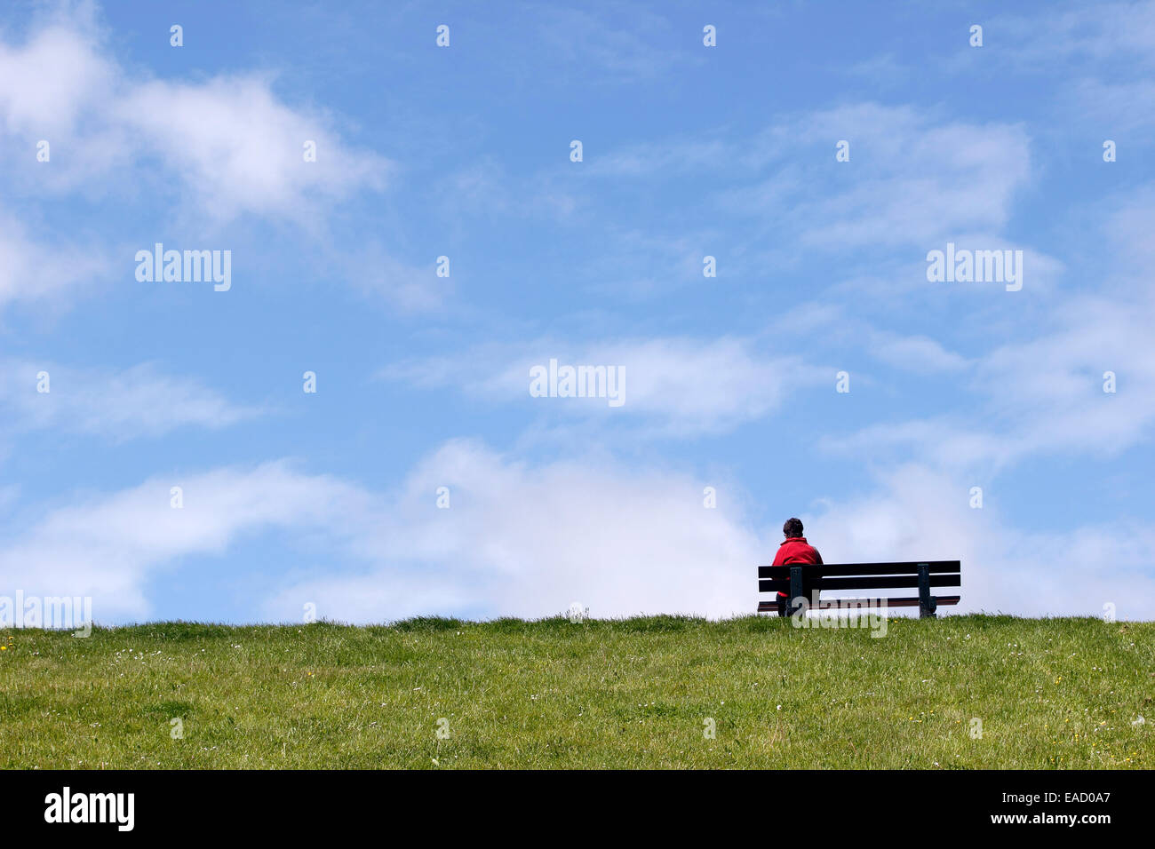 Person sitzt in einer Bank, Walcheren, Provinz Zeeland, Niederlande Stockfoto
