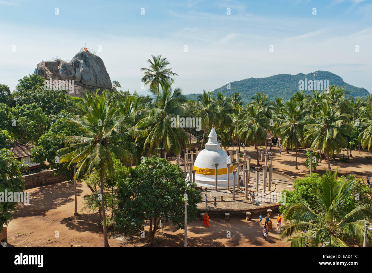 Theravada-Buddhismus, weißer Stupa, Dagoba mit Steinsäulen unter Palmen, Ambastala Vatadage, buddhistisches Kloster umgeben Stockfoto