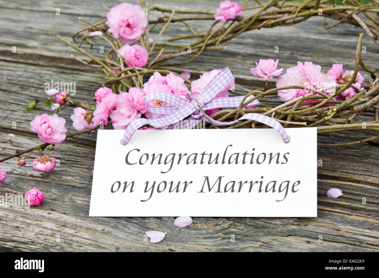 Karte mit pinkfarbenen Blumen mit englischem Text: Congratulations on your marriage Stockfoto
