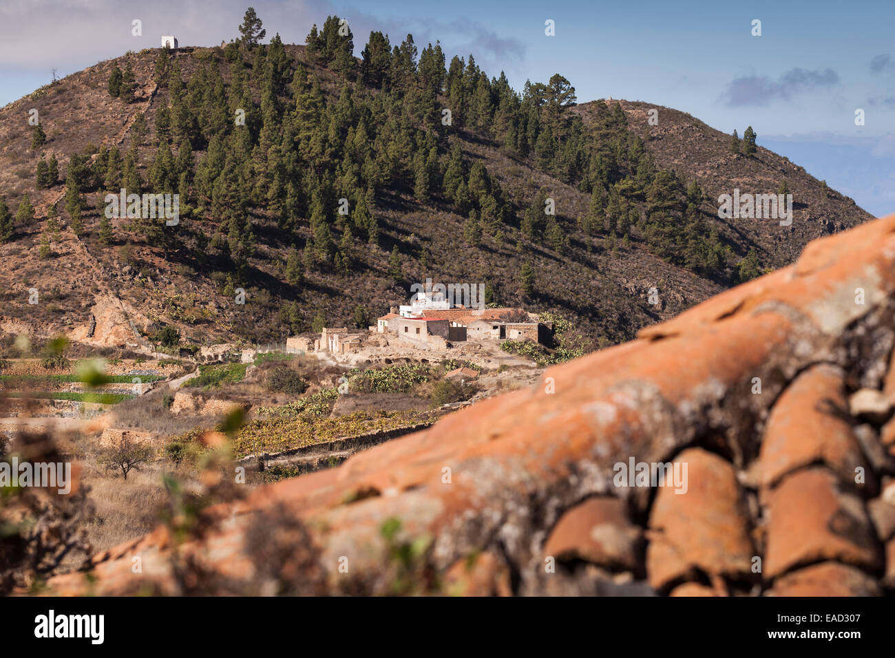 Blick auf Tejina Berg von verlassenen, versteckten Dorf von Los Fuentes in Guia de Isora, Kanarische Inseln, Spanien. Stockfoto
