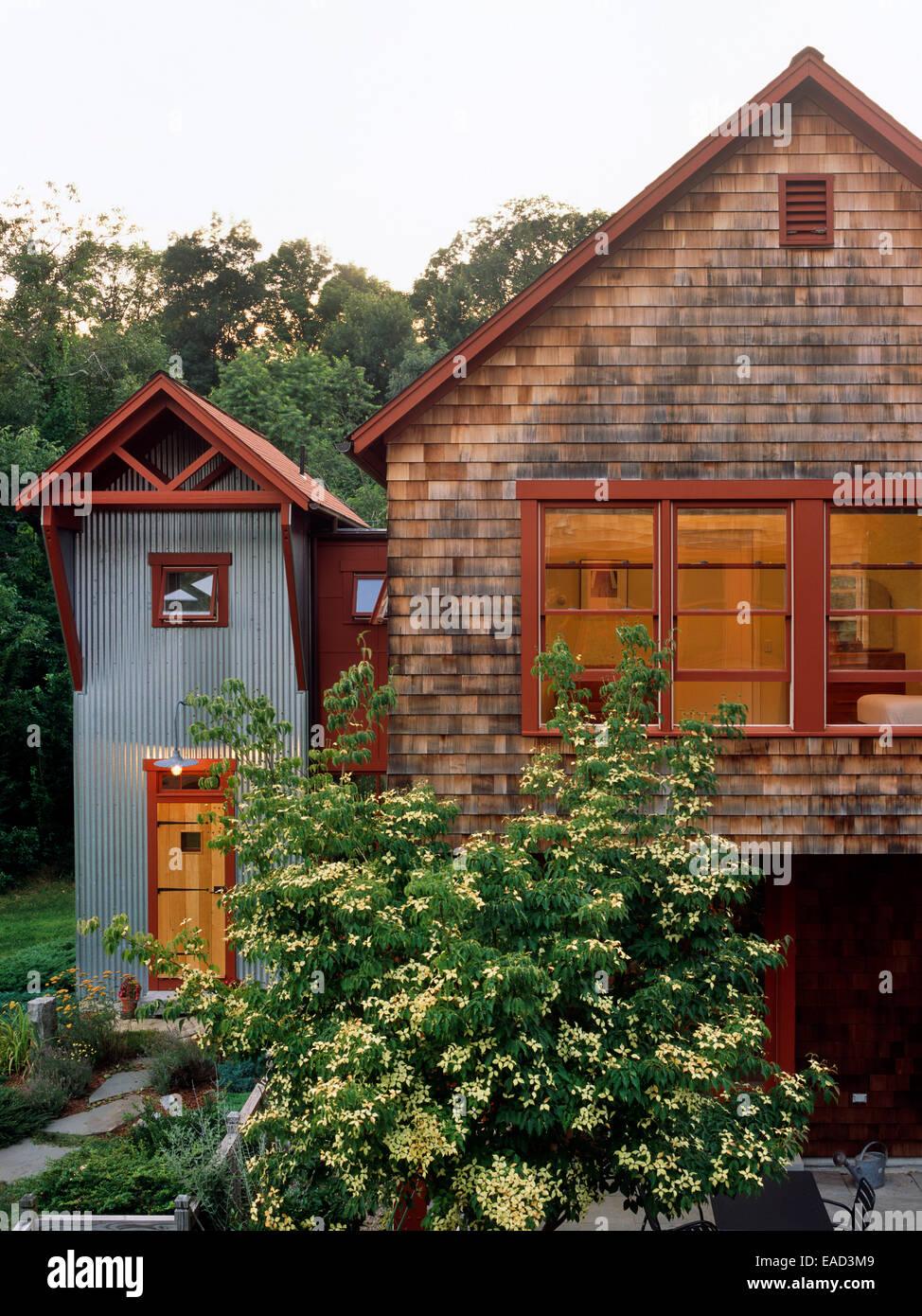 zeitgenössischen Stil Landhaus mit Blüte Hartriegel Baum Stockfoto