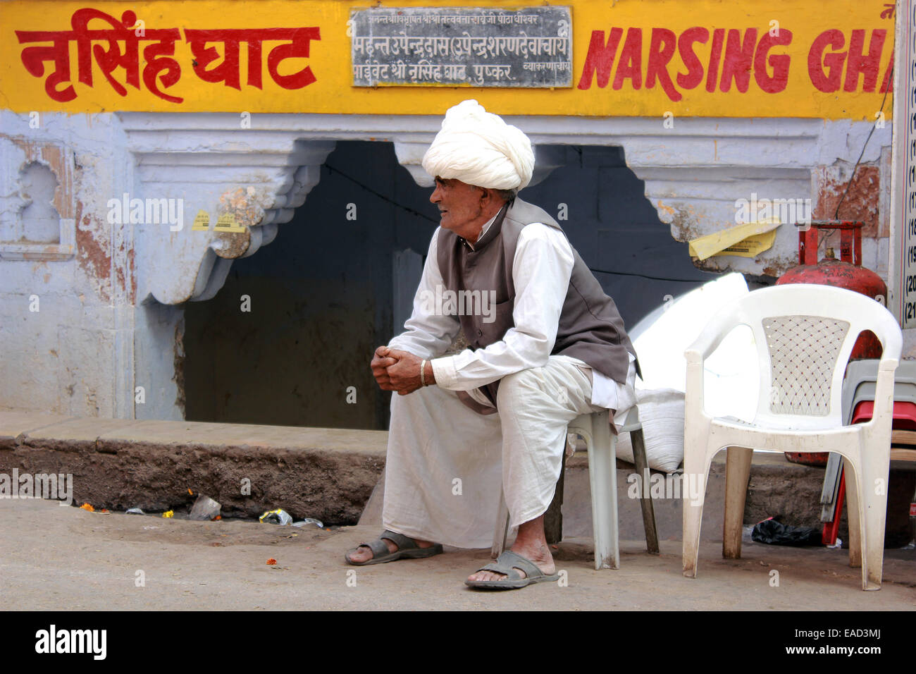 Turban, indische, Männlich, Alter Mann, Dorfbewohner, Schnurrbart, Bart in Pushkar, Rajasthan, Indien. Stockfoto