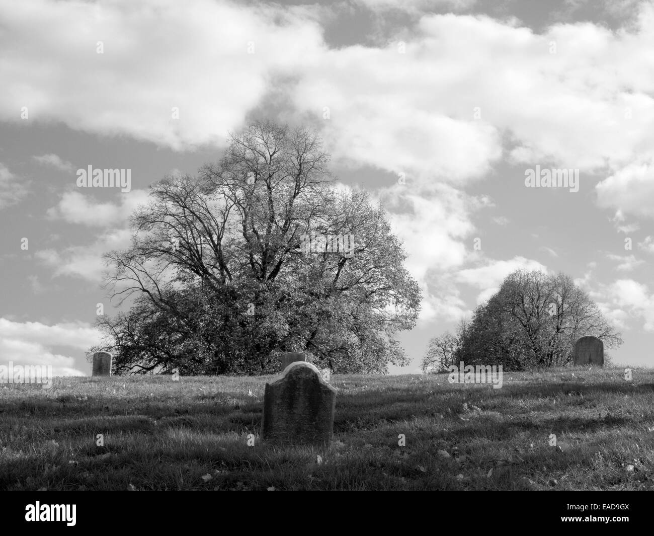 Wolken, Bäume, Hügel und alten Grabstein im Friedhof Stockfoto
