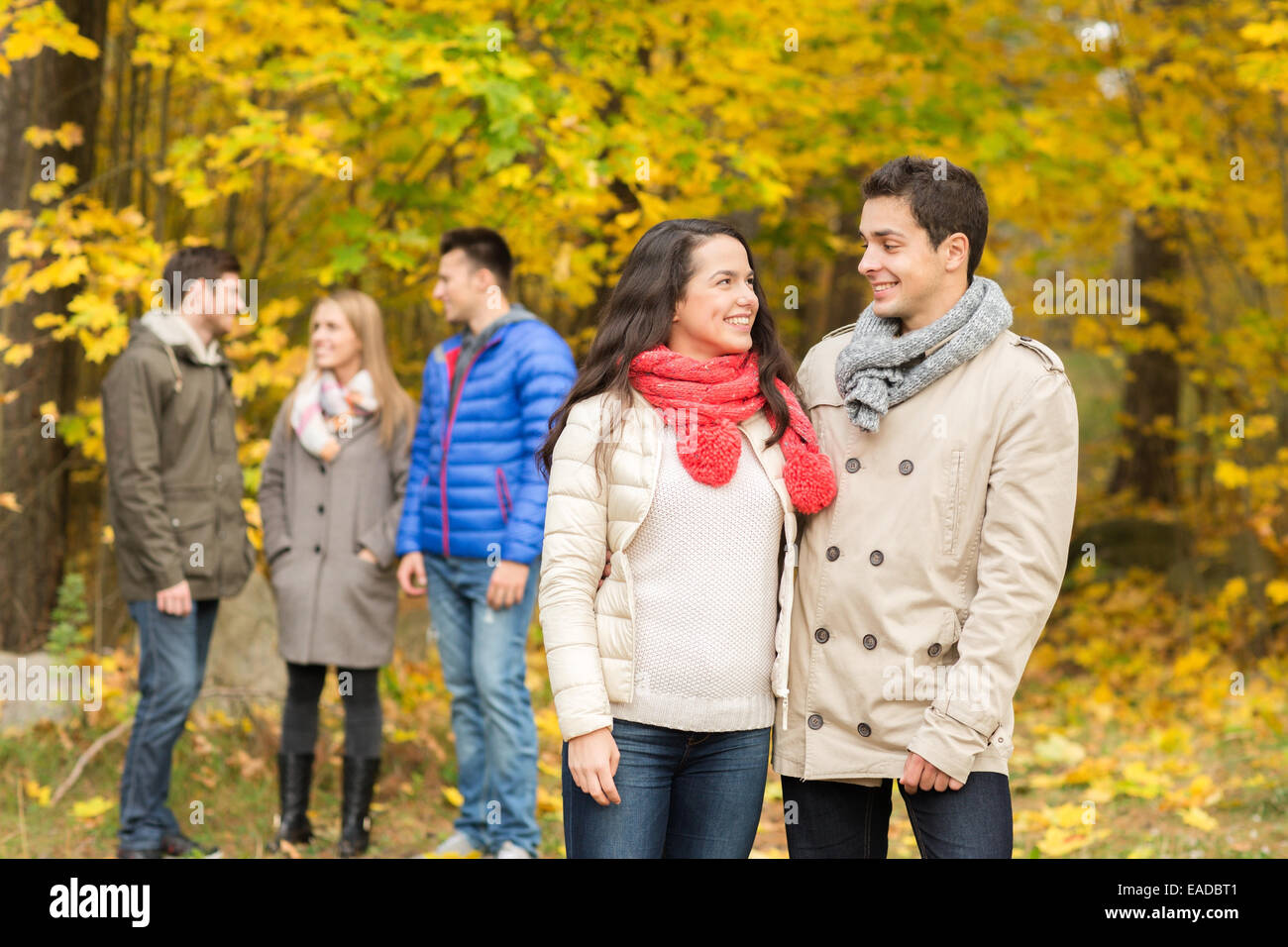 Gruppe von Lächeln, Männer und Frauen im Herbst park Stockfoto