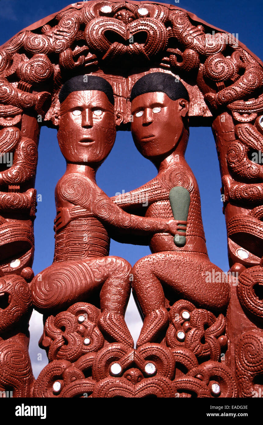 Maori carving, Whakarewarewa Thermal Village, New Zealand Stockfoto