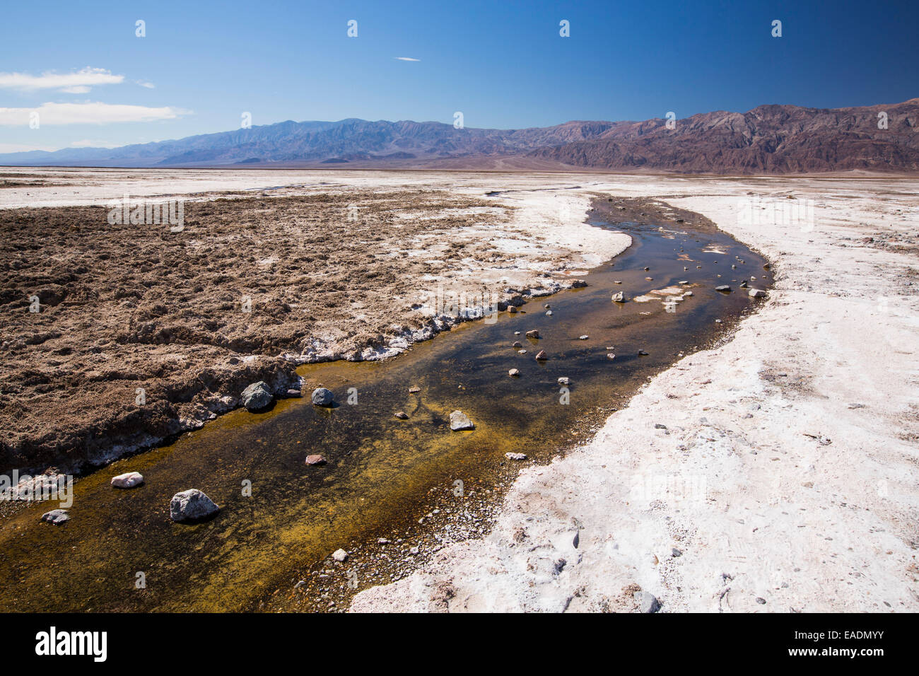 Salzige Bäche im Death Valley, die den niedrigsten, heißesten und trockensten Ort in den USA, mit einer durchschnittlichen jährlichen Niederschlagsmenge von rund 2 Stockfoto