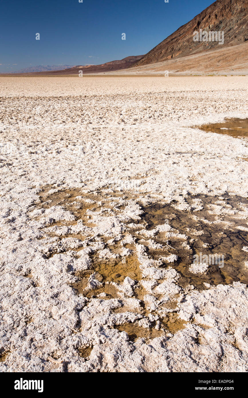 Badwater ist der tiefste Punkt in den USA als 282 Füße unterhalb des Meeresspiegels im Death Valley. Death Valley ist der niedrigsten, heißesten und trockensten Ort in den USA, mit einer durchschnittlichen jährlichen Niederschlagsmenge von etwa 2 Zoll einige Jahre überhaupt keine Regen empfangen wird. Stockfoto