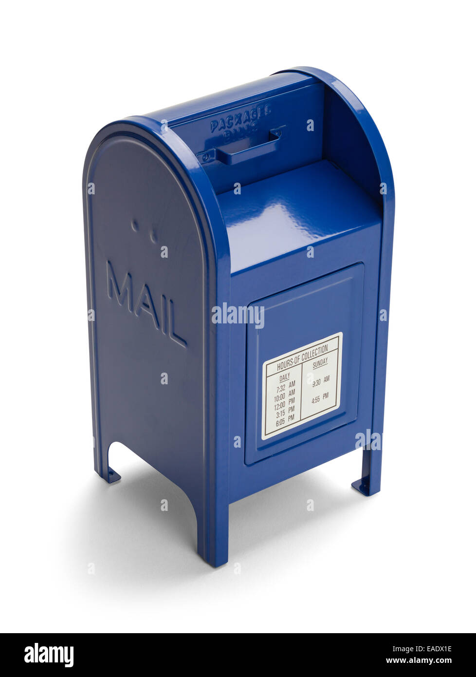 Metall blau Post Box Isolated on White Background. Stockfoto