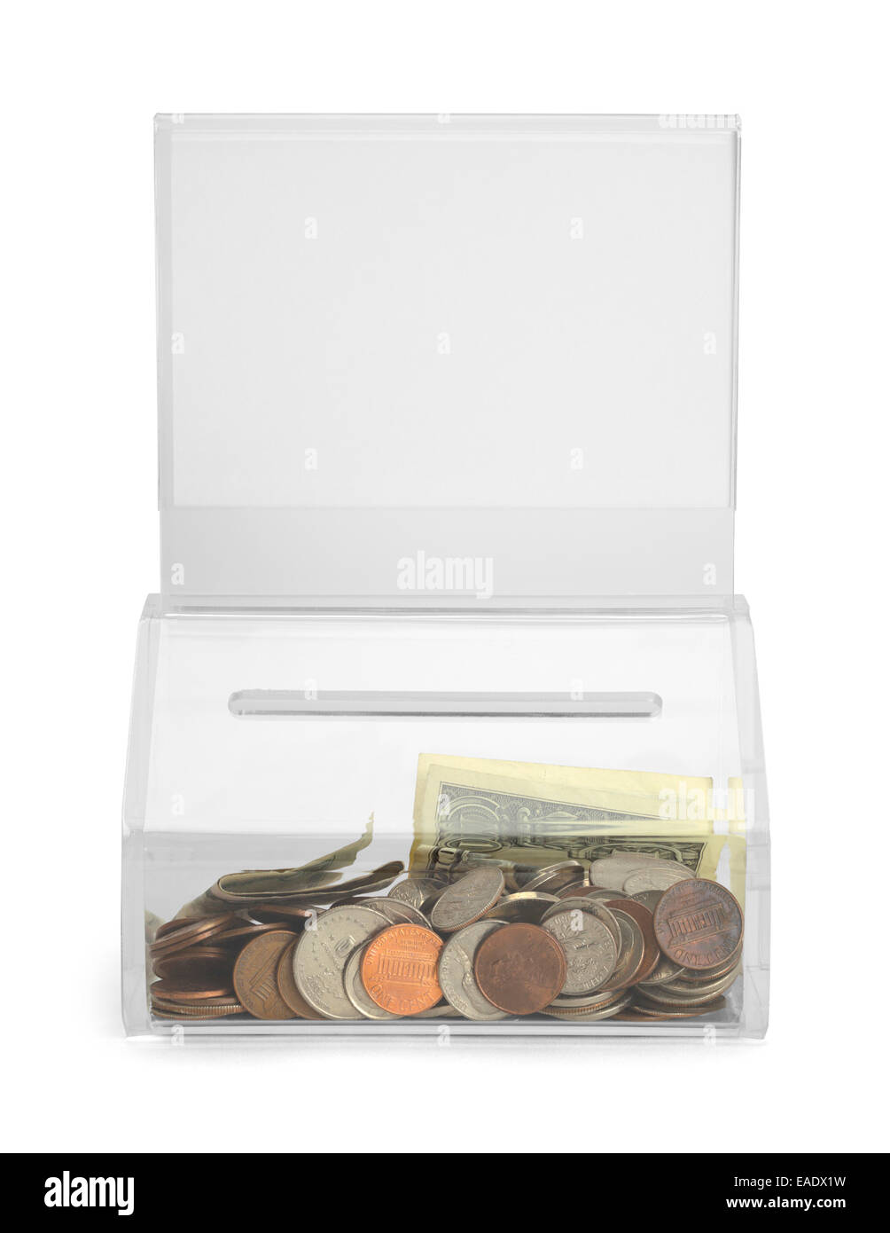 Durchsichtigen Kunststoff Spendenbox mit Geld und textfreiraum Isolated on White Background. Stockfoto