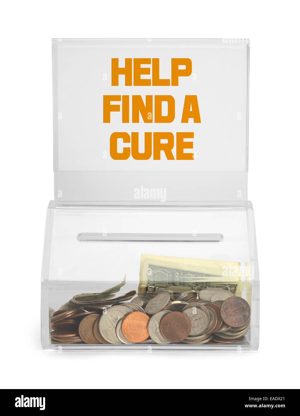 Finden Sie eine Heilung Spendenbox, Isolated on White Background. Stockfoto