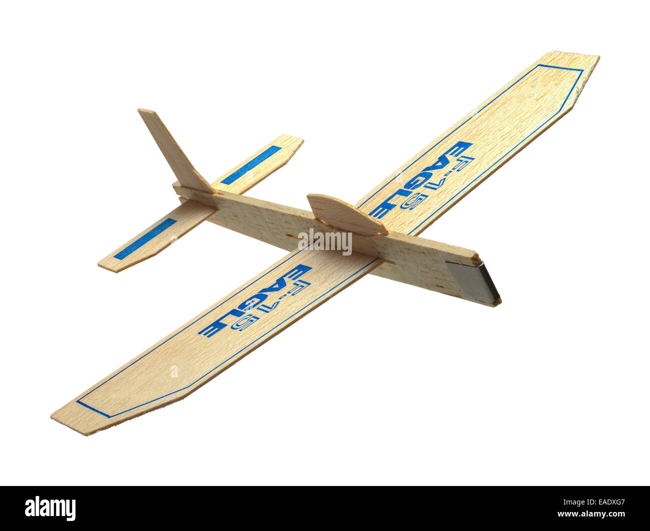 Balsa Holz Spielzeug Flugzeug fliegen isolierten auf weißen Hintergrund. Stockfoto