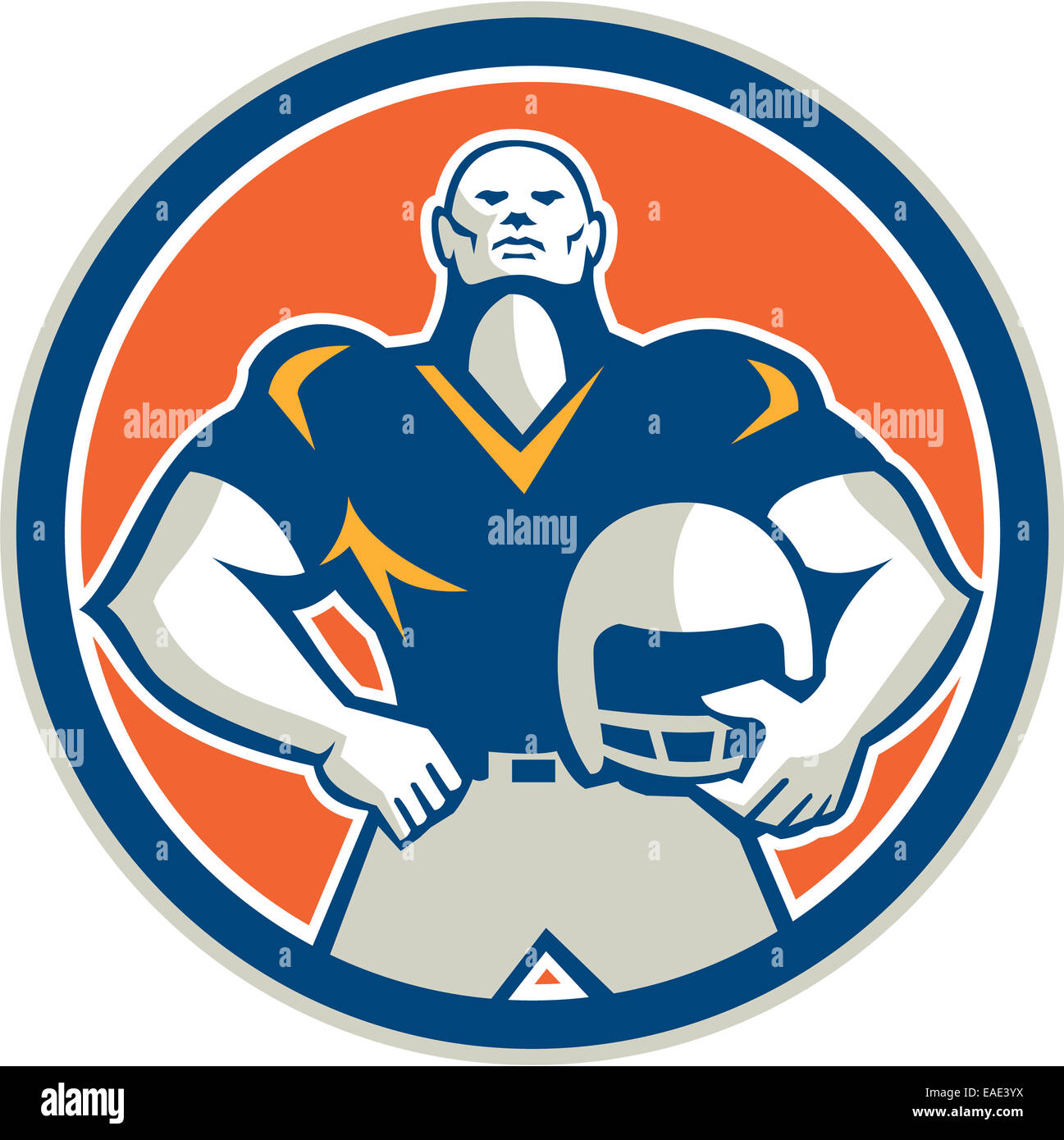 Außenillustration ein american-Football-Spieler halten Helm hand auf Hüften von vorne eingestellt im inneren Kreis auf isolierte Hintergrund getan im retro-Stil angezeigt. Stockfoto