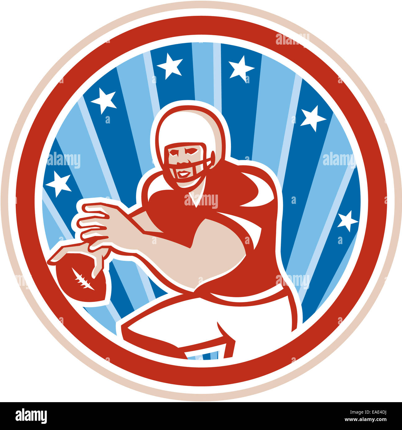 Abbildung von einem american-Football Rost Quarterback qb hält wirft Ball von vorne betrachtet setzen in Kreis mit Sternen und Streifen im Hintergrund getan im retro-Stil. Stockfoto