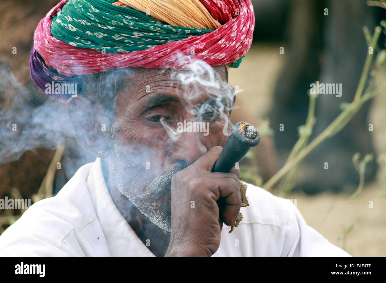 Turban, indische, Männlich, Alter Mann, Dorfbewohner, Schnurrbart, Bart in Pushkar, Rajasthan, Indien. Stockfoto