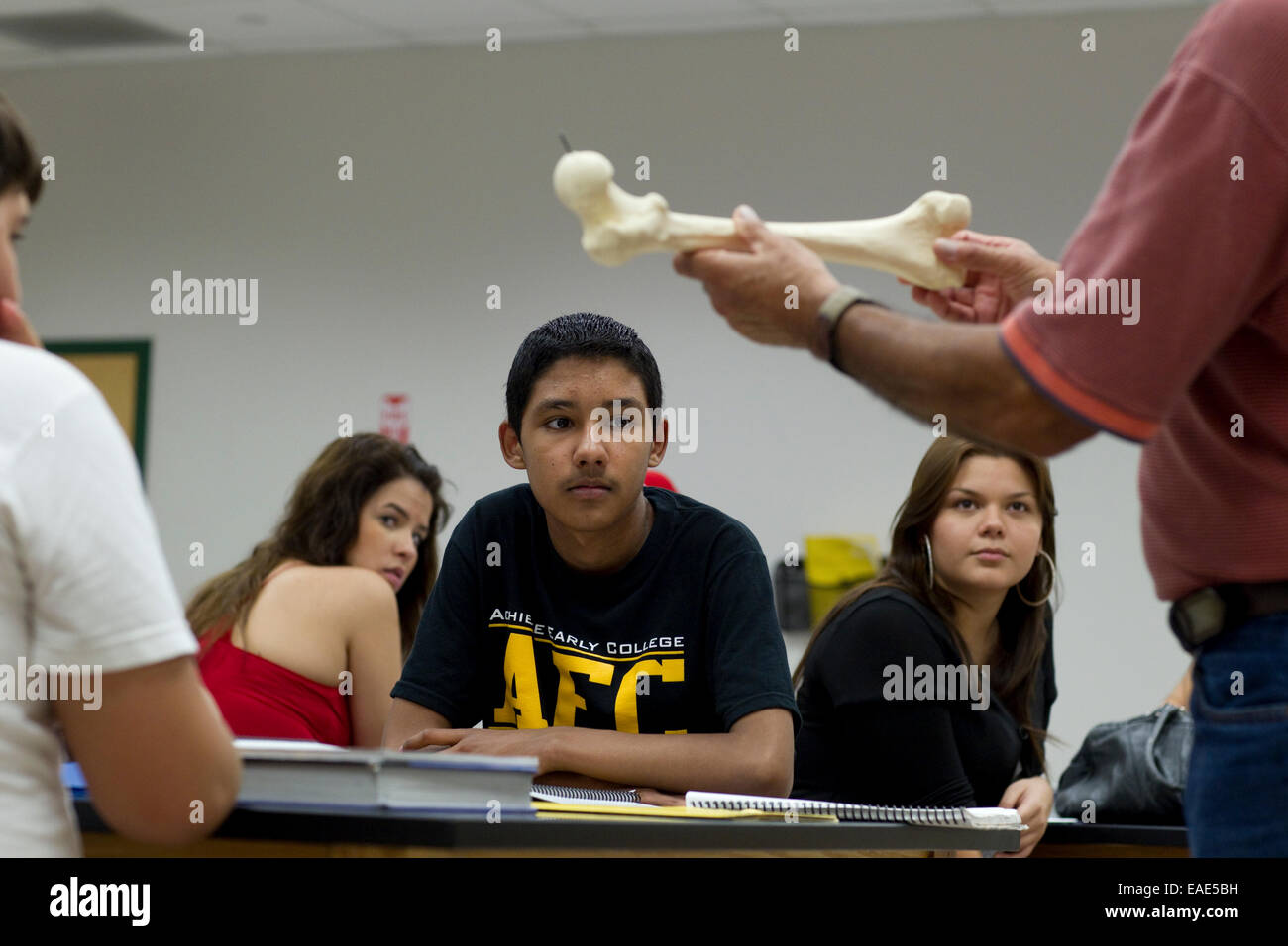 Lehrer zeigt Knochen in der Klasse an der Erreichung Early College High School in McAllen, Texas auf dem Campus der South Texas College. Stockfoto