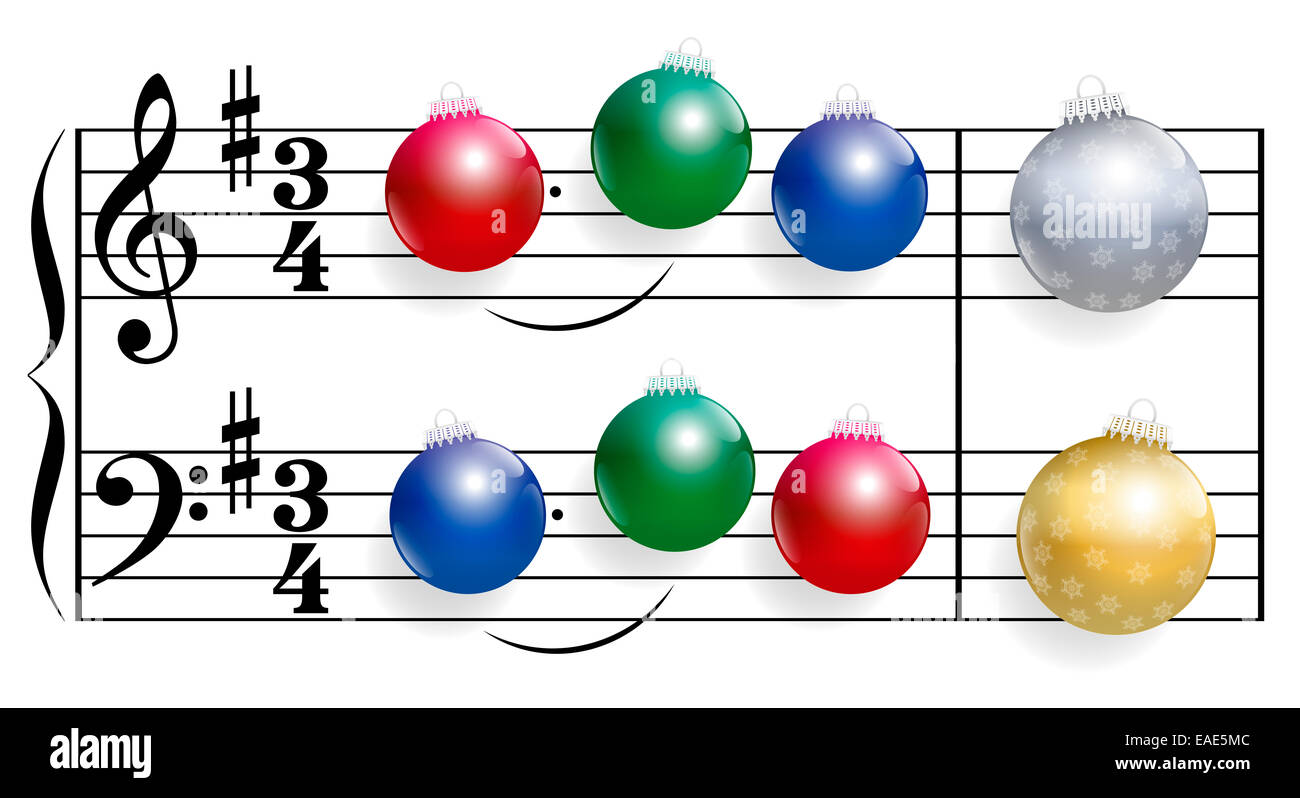 Weihnachtslied bestehend aus bunten, glänzenden Christbaumkugeln anstelle von Noten. Stockfoto