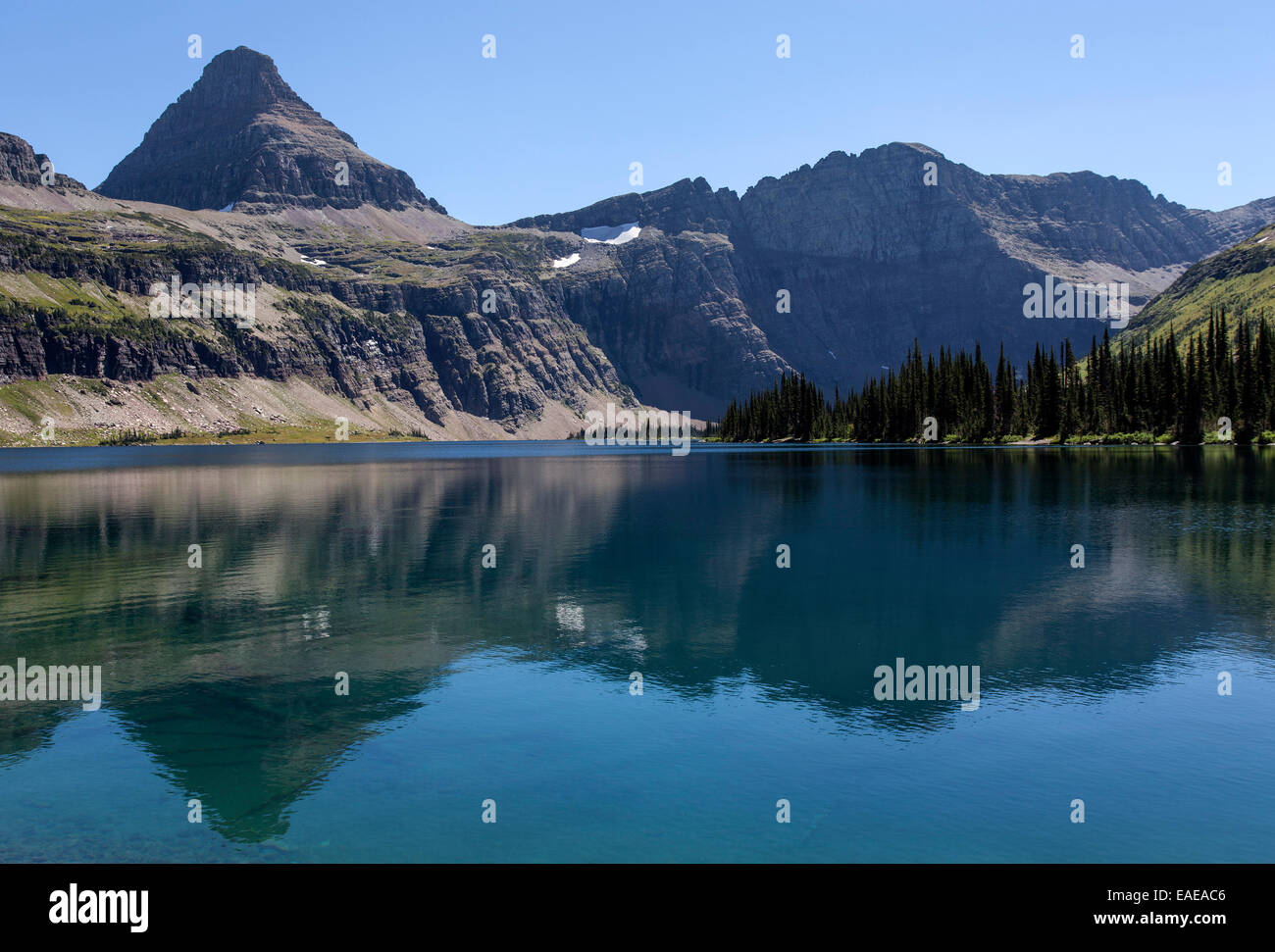 Versteckten See mit Reynolds Bergen, Glacier National Park, Montana, Vereinigte Staaten von Amerika Stockfoto