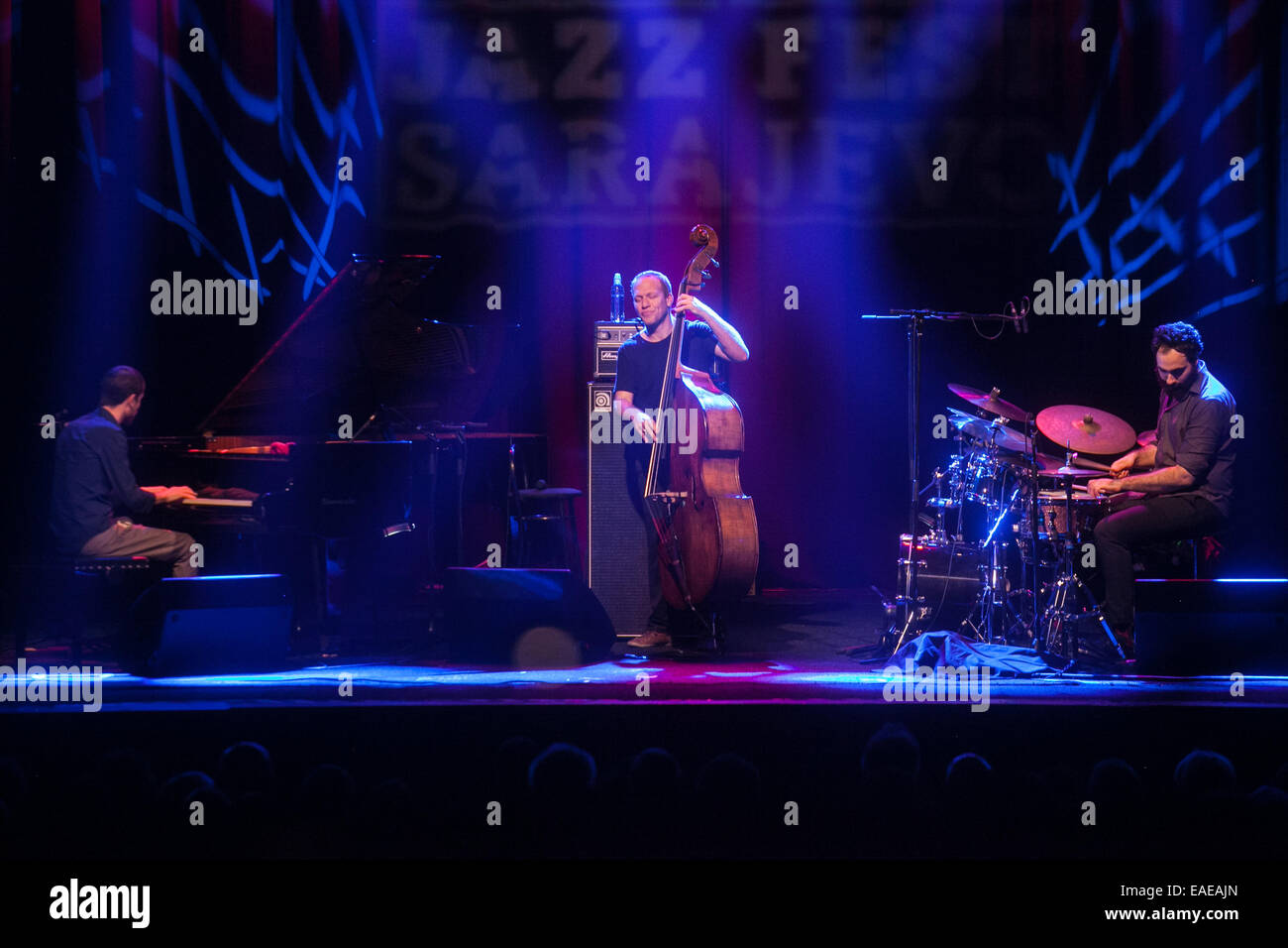Israelische Bassist Avishai Cohen Auftritten mit seinem Trio auf der Bühne an der 18. Jazz Fest in Sarajevo im Jahr 2014. Stockfoto