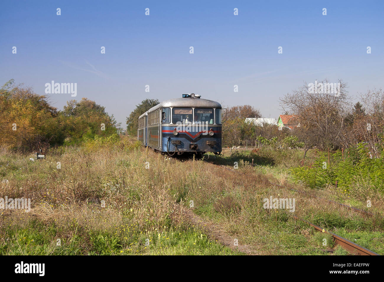 Die alten Diesel-Triebwerken Personenzug durchläuft das Unkraut und Rasen Stockfoto