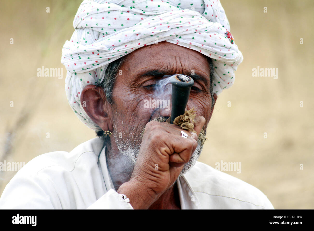 Turban, indische, Männlich, Alter Mann, Dorfbewohner, Schnurrbart, Bart in Pushkar, Rajasthan, Indien. Stockfoto