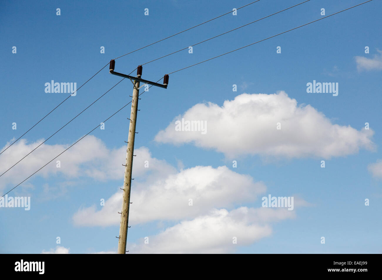 Telegrafenmast gegen einen blauen Himmel, Mid Glamorgan, Wales, UK Stockfoto