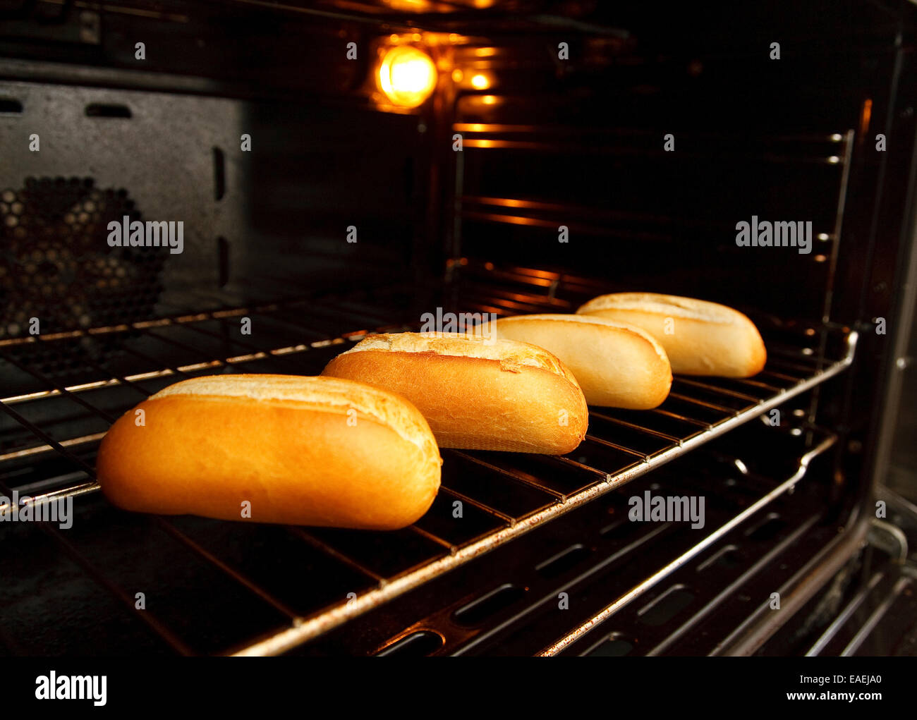 vier Brötchen backen in einem Backofen - differenzielle Fokus und Textfreiraum Stockfoto