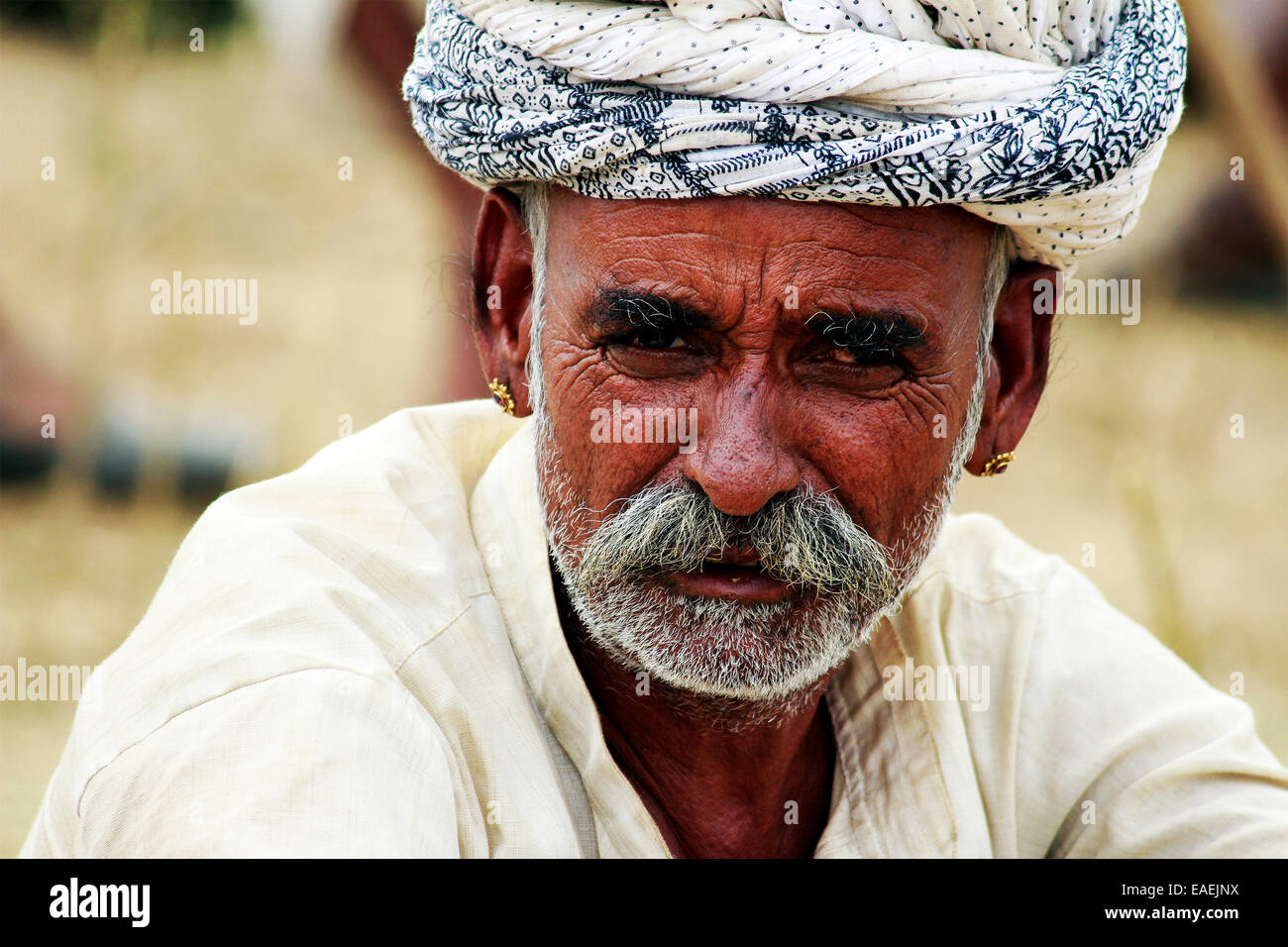 Turban, indische, Männlich, Alter Mann, Dorfbewohner, Schnurrbart, Bart in Pushkar, Rajasthan, Indien. Stockfoto