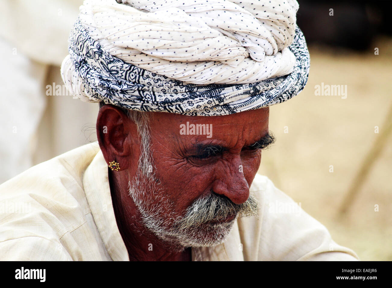 Turban, indische, Männlich, Alter Mann, Dorfbewohner, Schnurrbart, Bart in Pushkar, Rajasthan, Indien. Stockfoto