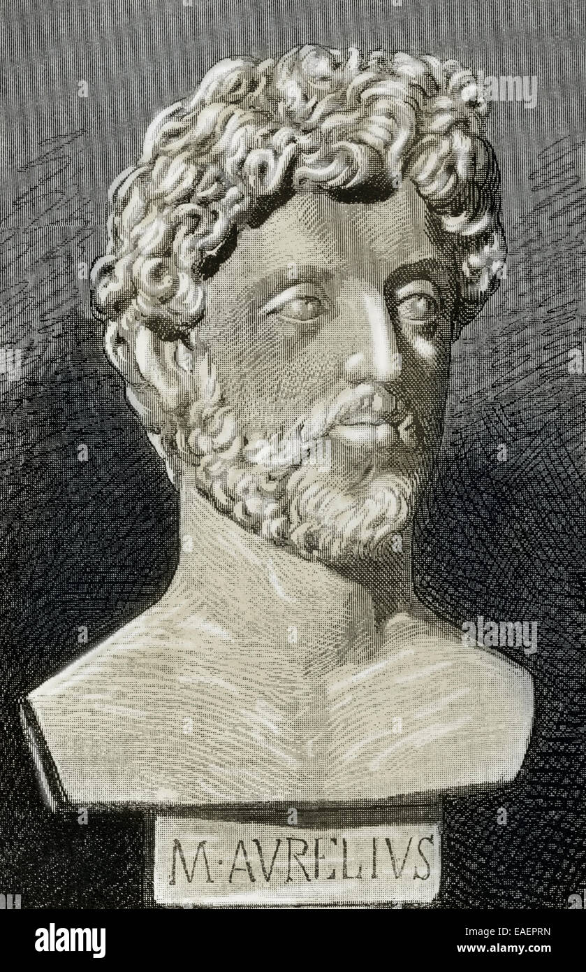Marcus Aurelius (121-180 n. Chr.). Römischer Kaiser von 161 bis 180.  Kupferstich von J. Serra Pausas. Historia de Espana, 1882. Farbige. Stockfoto