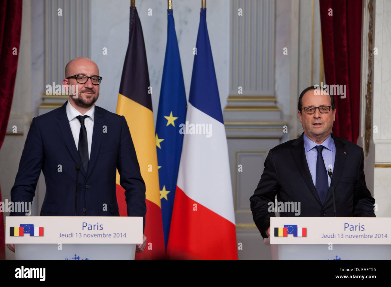 Visite Officielle du Premier Ministre Charles Michel À Paris, Recu Par Président De La République François Hollande. Stockfoto