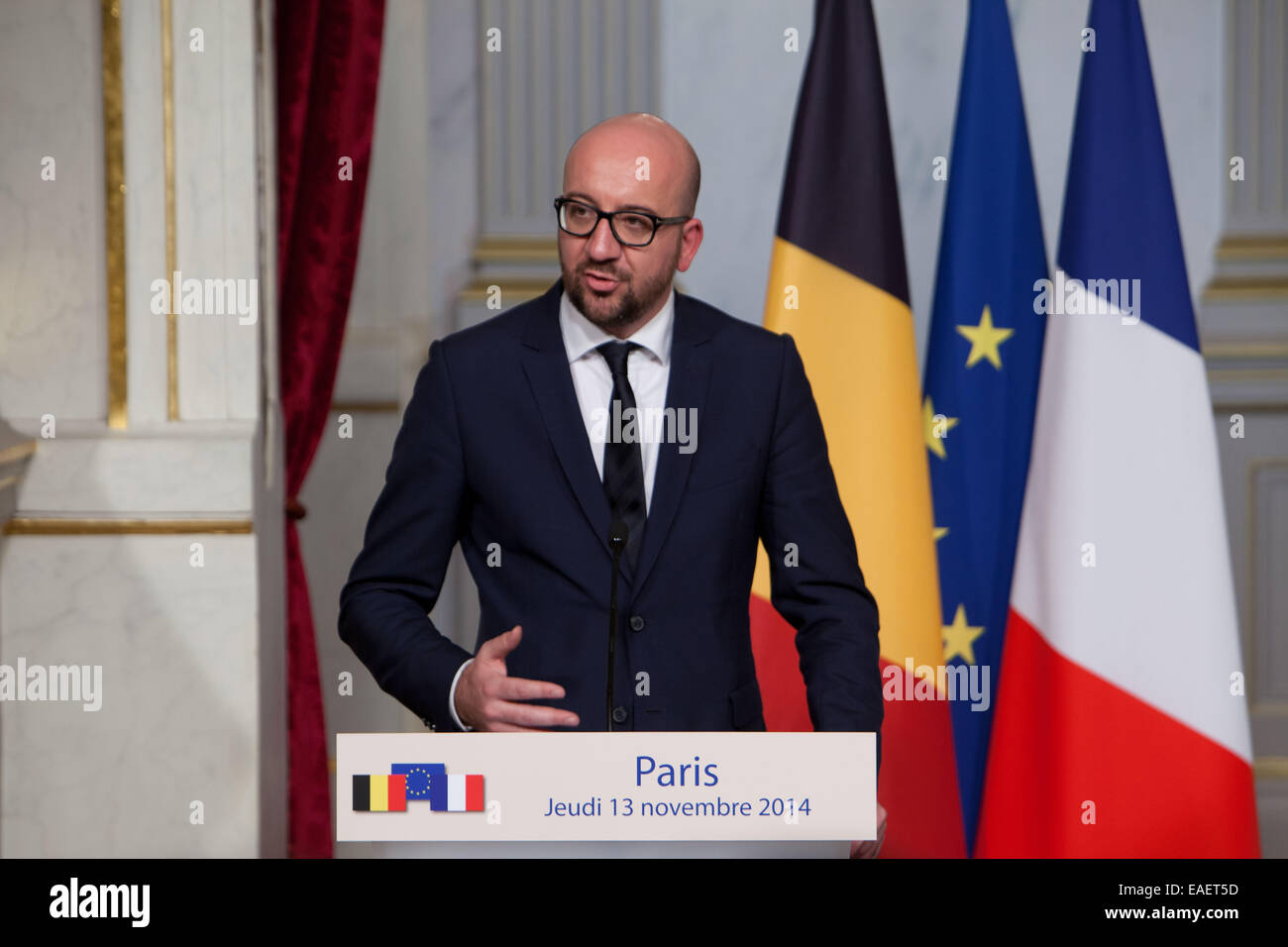 Visite Officielle du Premier Ministre Charles Michel À Paris, Recu Par Président De La République François Hollande. Stockfoto