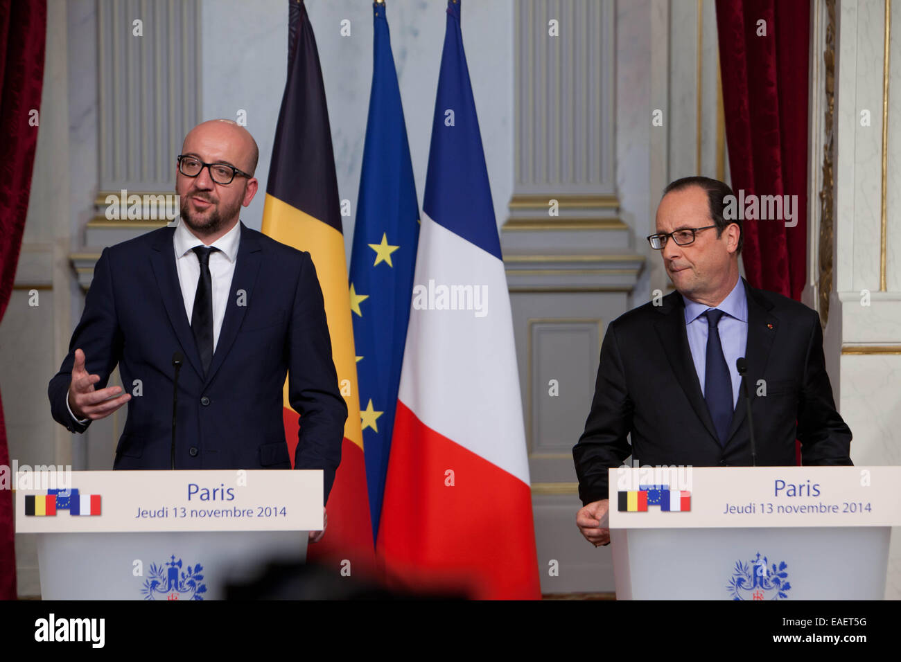 Visite Officielle du Premier Ministre Charles Michel À Paris, Recu Par Président De La République François Hollande. Stockfoto