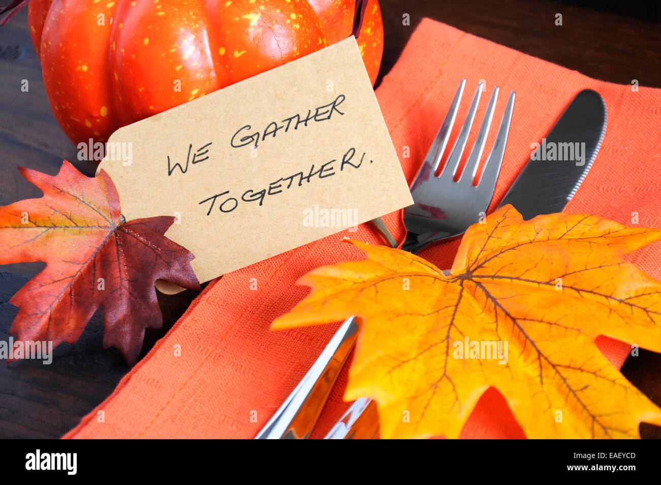 Happy Thanksgiving Tabelle Gedeck mit sammeln wir gemeinsam Tischkarte und Herbst Herbst Blatt Dekorationen Stockfoto