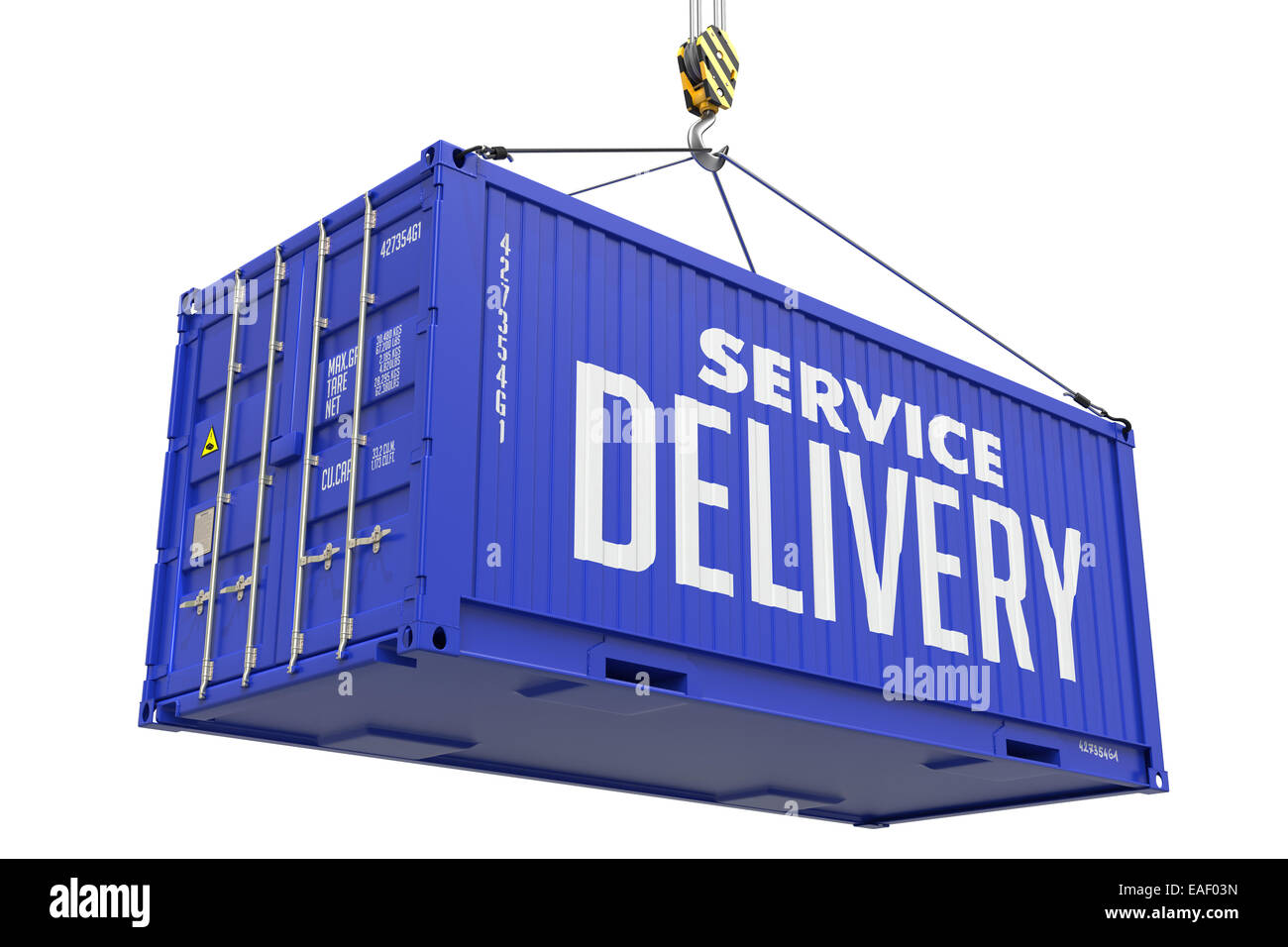 Service Delivery - blau Frachtcontainer hängen. Stockfoto