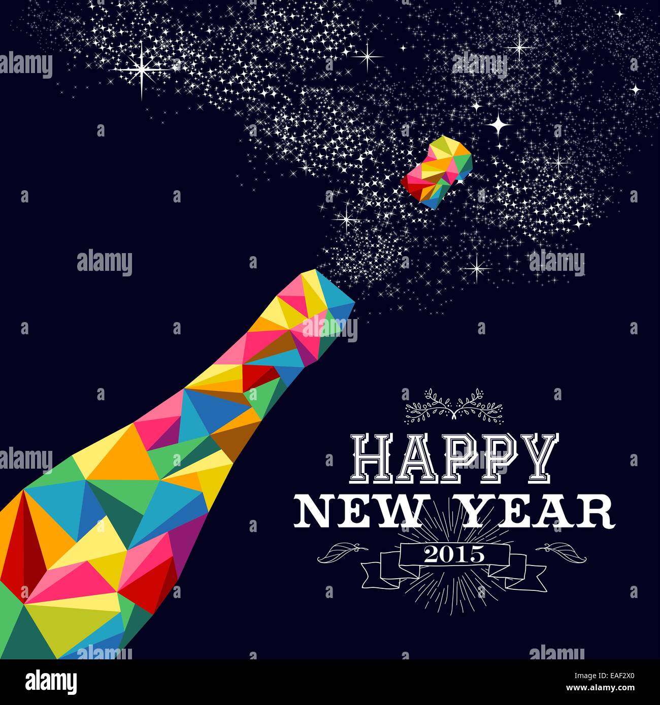 Frohes neues Jahr 2015 Grußkarte oder Poster-Design mit bunten Dreieck Champagner Explosion Flasche und Vintage Label Interessenvertreter Stockfoto