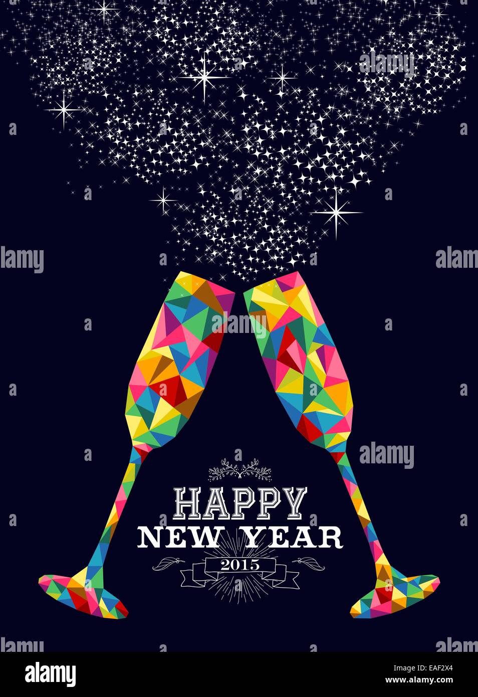 Frohes neues Jahr 2015 Grußkarte oder Poster-Design mit bunten Dreieck Glas und Vintage Label Illustration. EPS10 Vektor fil Stockfoto