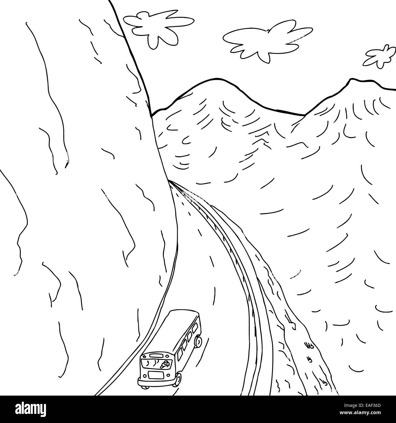 Umriss Cartoon Zeichnung Der Schulbus Auf Berg Autobahn Stockfotografie Alamy