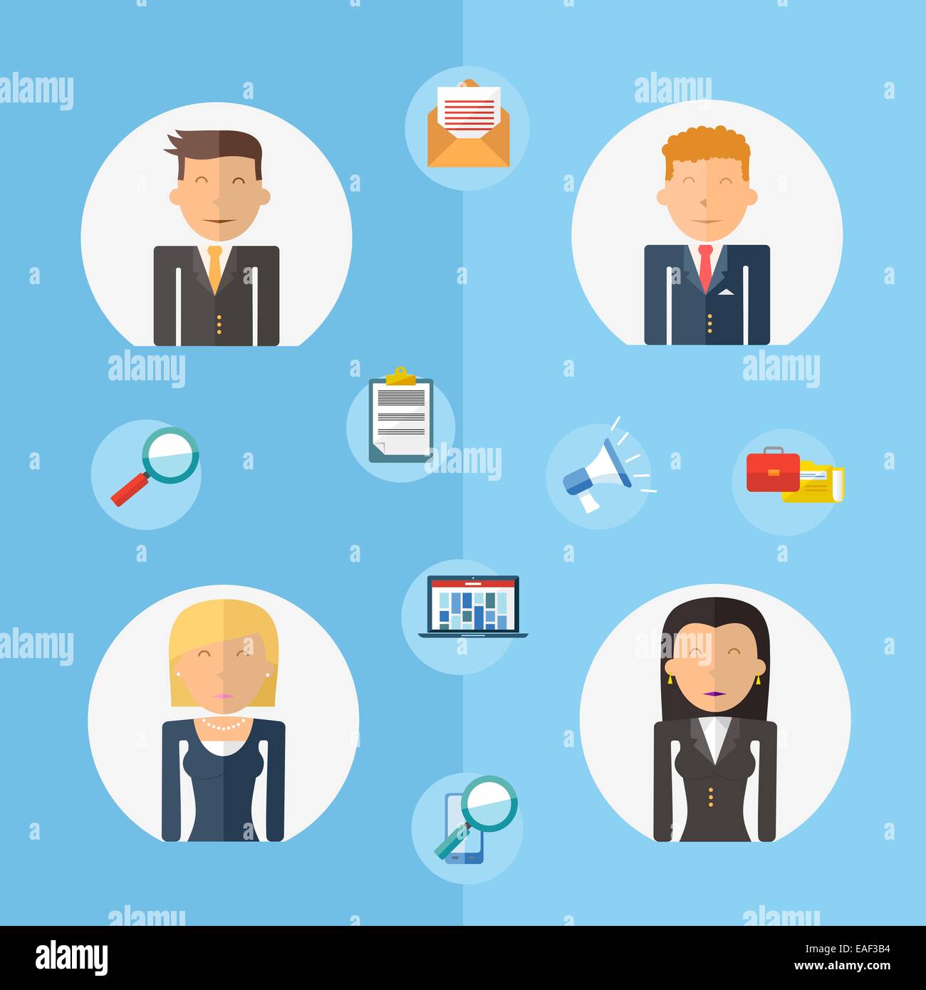 Business- und Management-Teamarbeit-Konzept mit flachen Symbole Design festgelegt. Marketing-Kommunikation, Web, Netzwerk Elemente. EPS10 Stockfoto