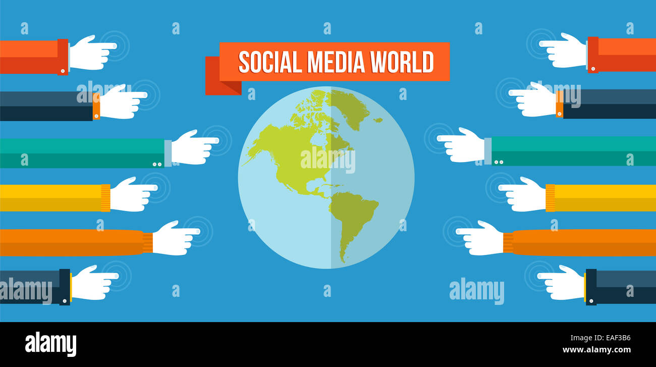 Social-Media Welt und Web-Konzept mit flachen Symbole Design. Web Marketing, Netzwerk und Internet Verbindungselemente. EPS10 Stockfoto
