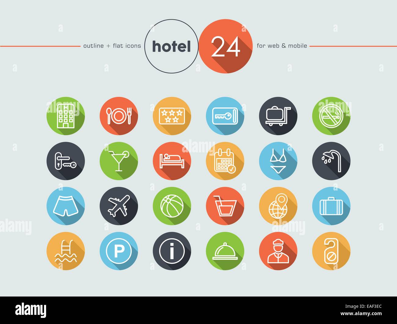 Hotel bunte flache Icons set für Web und mobile App EPS10 Vektor-Datei in Layer für die einfache Bearbeitung organisiert. Stockfoto