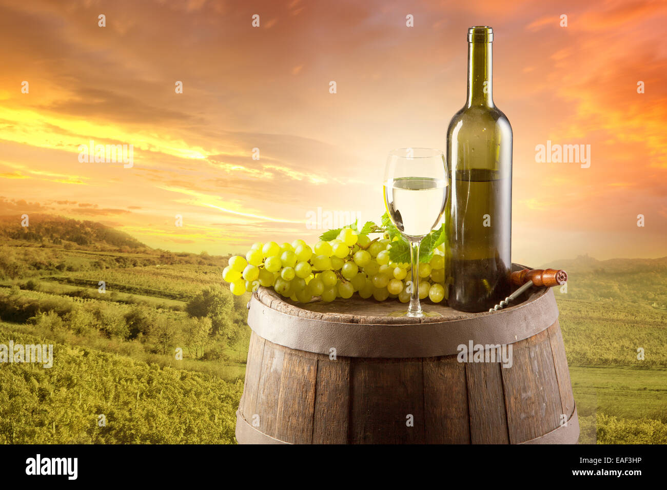 Alte hölzerne Fass mit Flasche und Glas Weißwein. Ländlichen Weinberg im Hintergrund Stockfoto