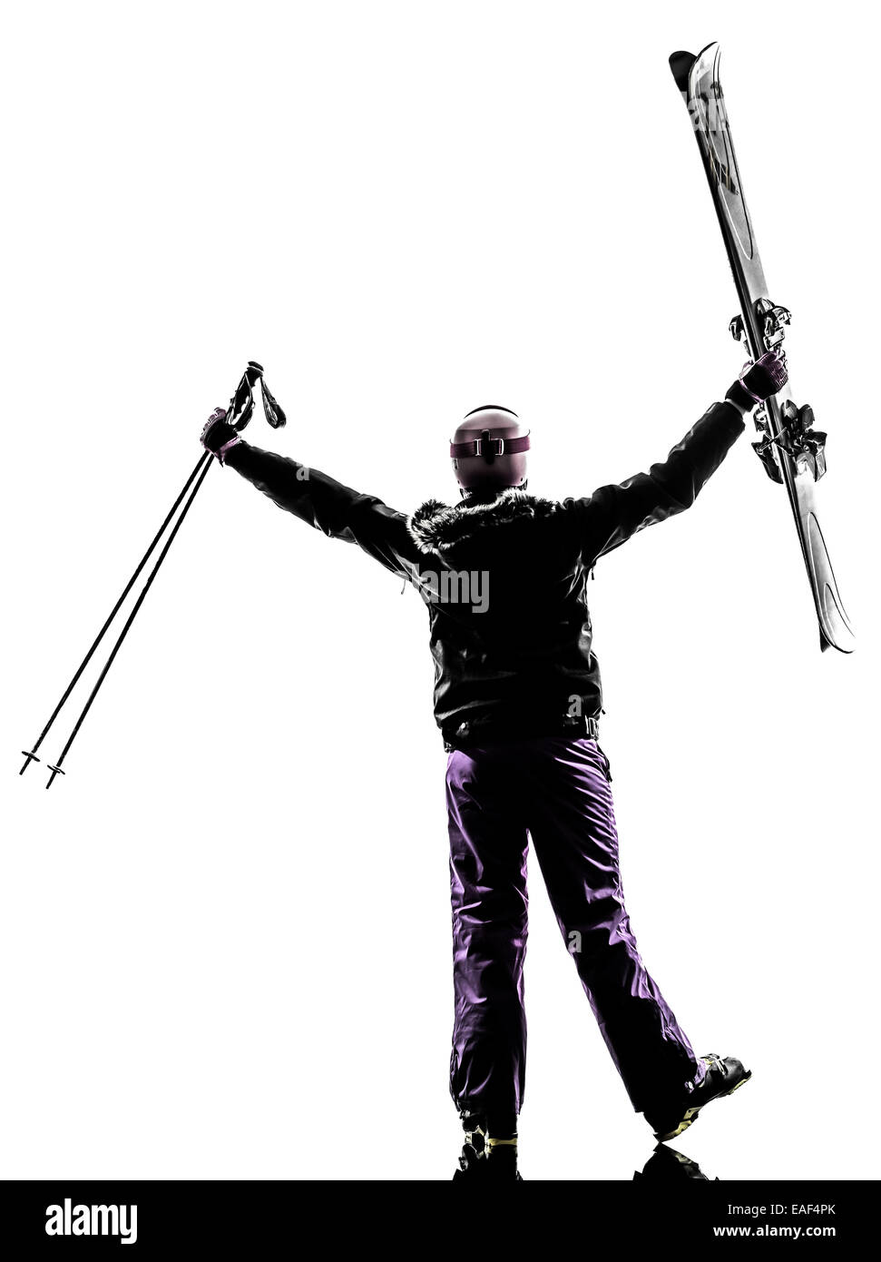 eine Frau Skifahrer Ski glücklich fröhlich in der Silhouette auf weißem Hintergrund Stockfoto