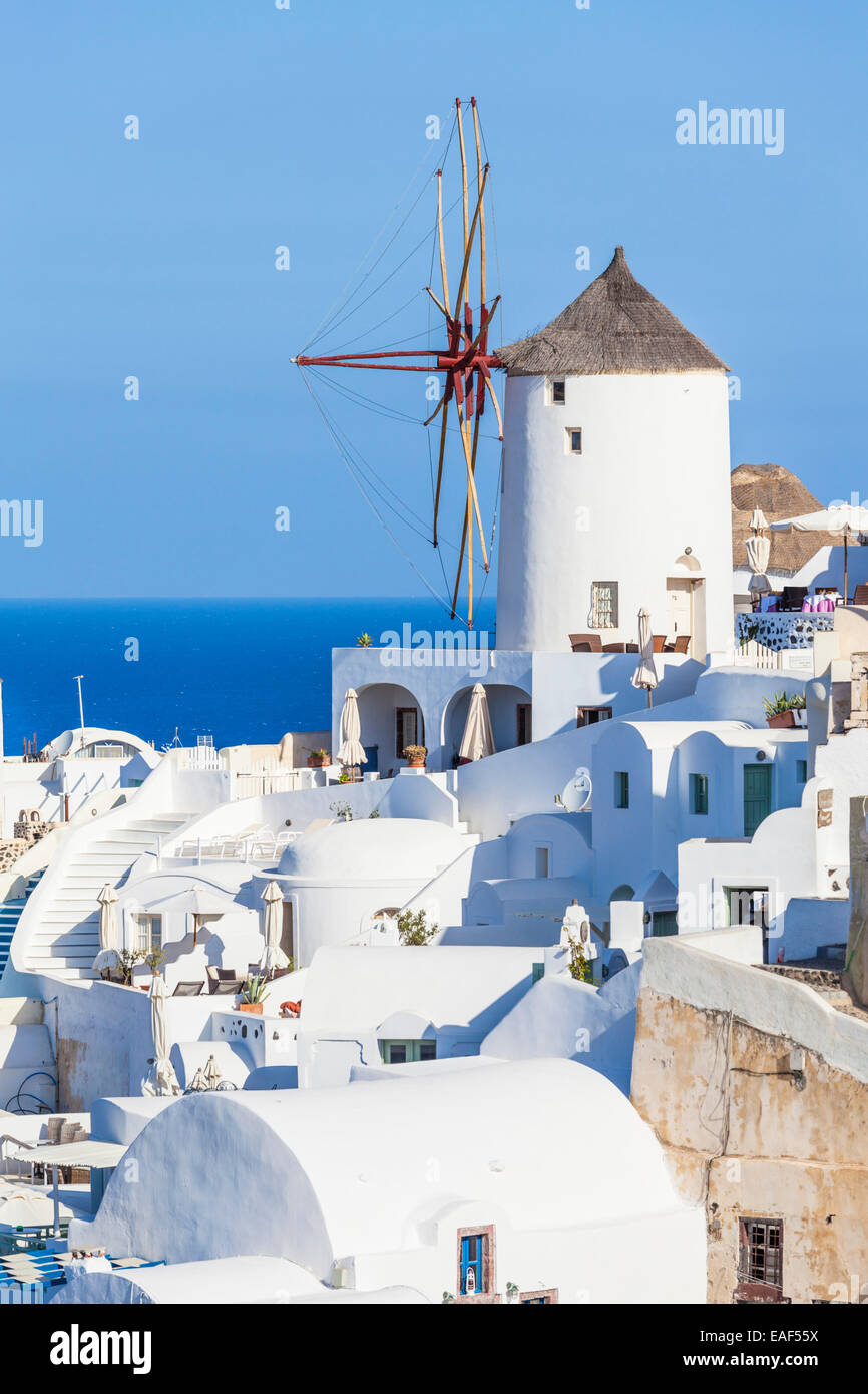 Windmühle und traditionelle Häuser, Oia, Santorini (Thira), Kykladen, griechische Inseln, Griechenland, Europa Stockfoto