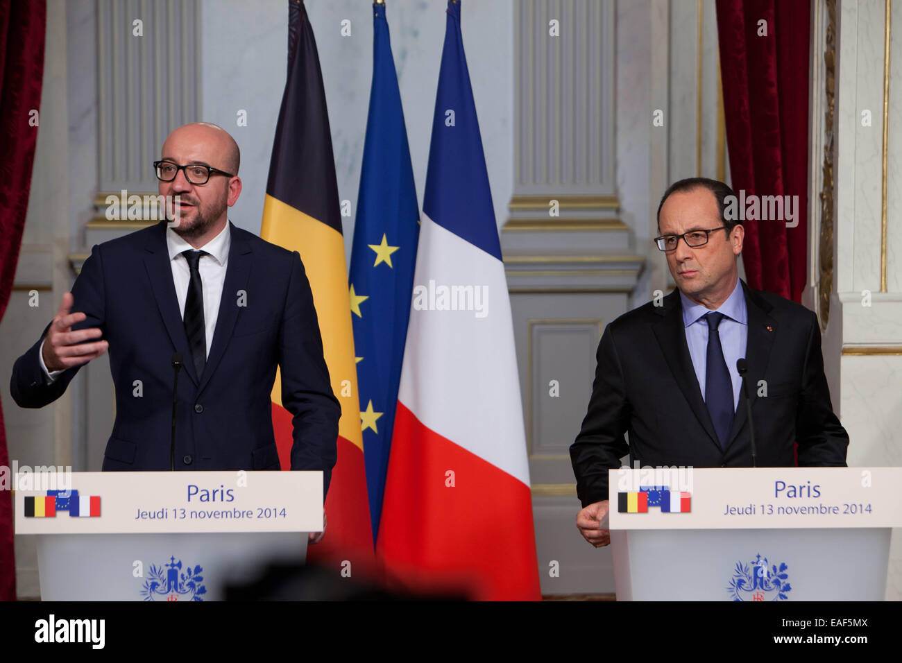 Paris, Frankreich. 13. November 2014. Offizieller Besuch von Premierminister Charles Michel in Paris, erhielt vom Präsidenten der Republik François Hollande. Bildnachweis: Ania Freindorf/Alamy Live-Nachrichten Stockfoto