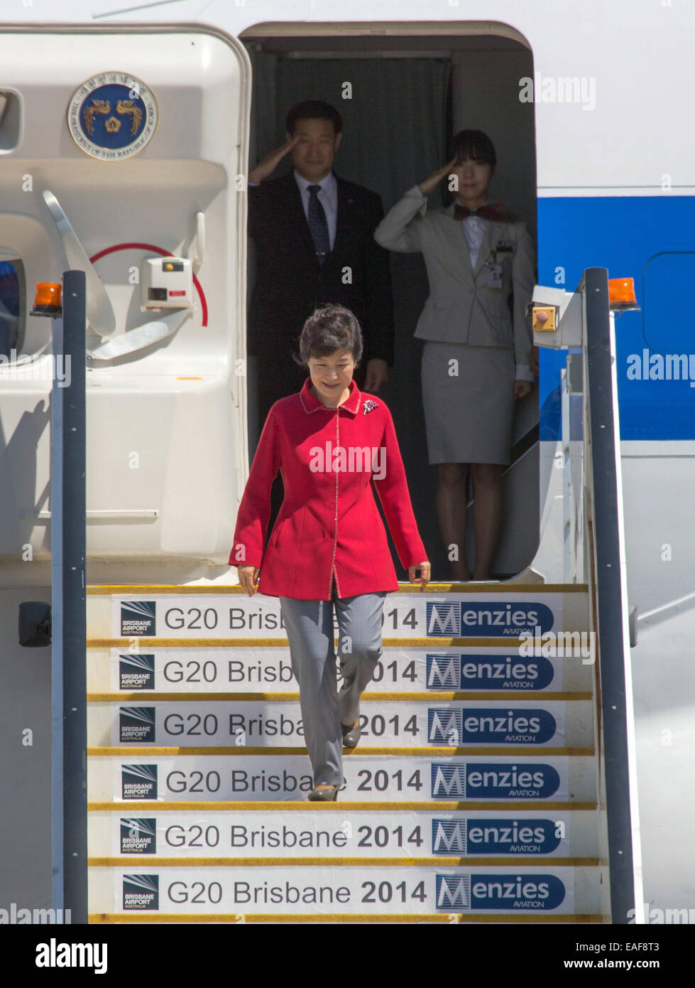 Brisbane. 14. November 2014. Südkoreanischen Präsidenten Park Geun-Hye kommt in Brisbane von Australien auf den G20-Gipfel am 14. November 2014 teilnehmen. Bildnachweis: Pool/Xinhua/Alamy Live-Nachrichten Stockfoto