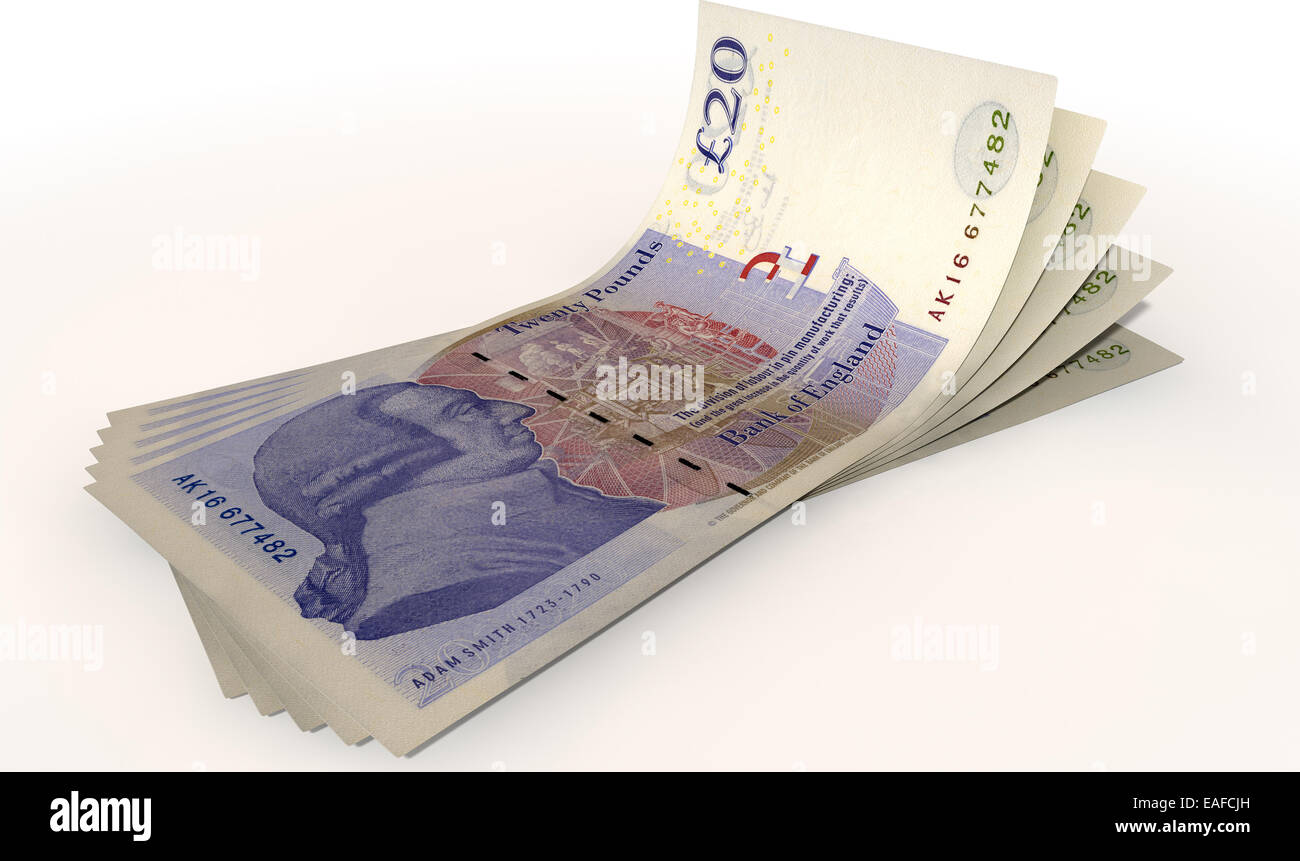 Eine Gruppe von fünf-Pfund-Banknoten aufgefächert und gekrümmt auf einem isolierten weißen Hintergrund Stockfoto