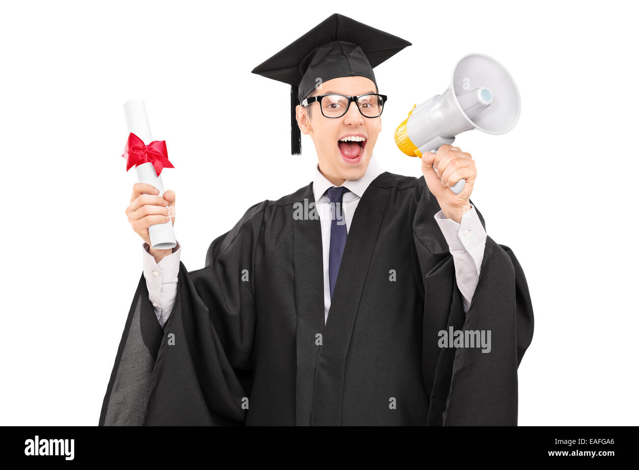 Graduate Student spricht über ein Megaphon isoliert auf weißem Hintergrund Stockfoto